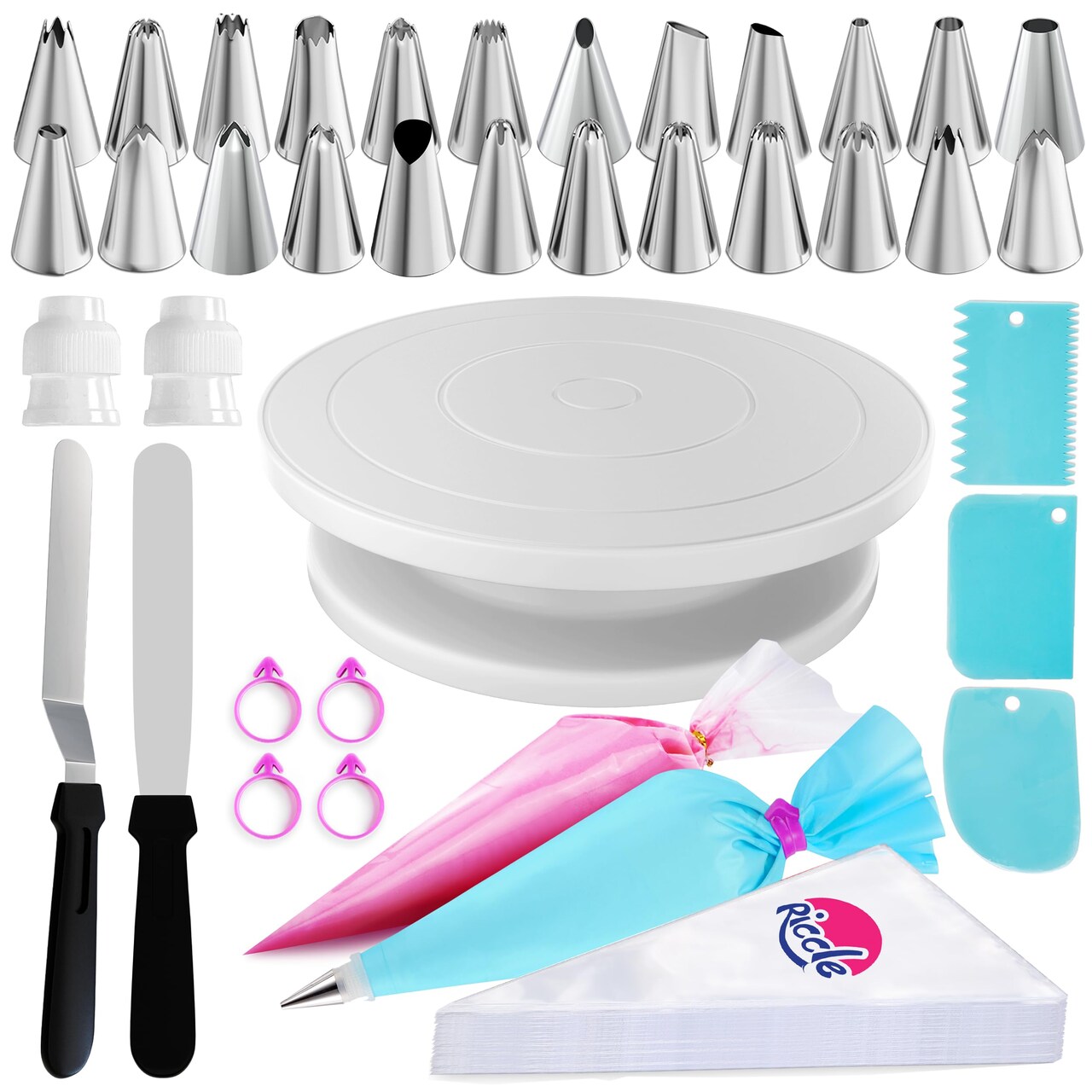88 pcs Cake Decorating Kit with Cake Turntable - Includes 50 Disposable + 2 Reusable Piping Bags and Tips Set, 24 Icing Piping Tips, 2 Spatulas, 3 Icing Comb Scraper, Baking Supplies